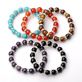 Gemstone Stretch Bracelets, with Silver Color Plated Brass Middle East Rhinestone Beads, 54mm