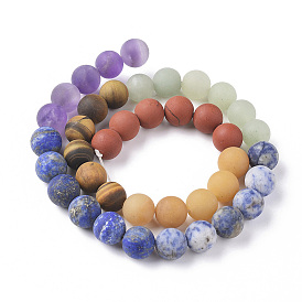 Chakra Theme Natural Red Rainbow Jasper & Yellow Aventurine & Tiger Eye & Green Aventurine & Blue Spot Stone & Lapis Lazuli & Amethyst Beads Strands, Frosted, Round, Chakra