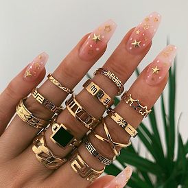 Geometric Black Cube Ring Set with Star Chain and Hollow Joint Rings - 13 Pieces