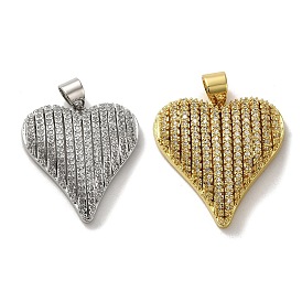 Rack Plating Brass Micro Pave Clear Cubic Zirconia Pendants, Lead Free & Cadmium Free, Long-Lasting Plated, Heart-Shaped
