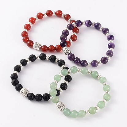 Trendy Natural Gemstone Beaded Stretch Bracelets, with Tibetan Style Antique Silver Alloy Beads, 57mm