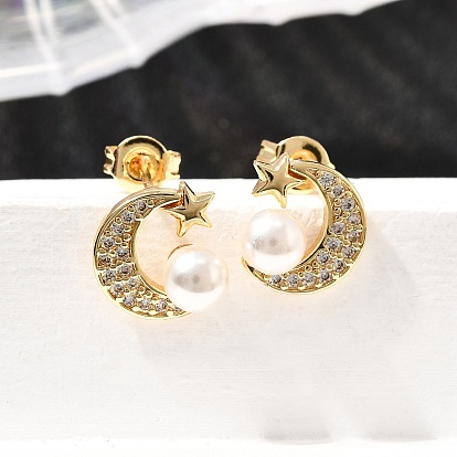 Серьги-гвоздики из латуни с микро-паве и прозрачным кубическим цирконием, с пластиковой имитационной жемчужиной, без кадмия и без свинца