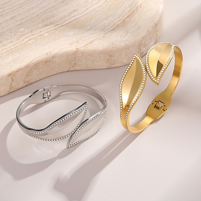 304 Stainless Steel Crystal Rhinestone Leaf Open Hinged Cuff Bangles for Women