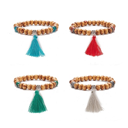 Natural Wood Stretch Bracelet with Gemstone, Cotton Tassel Charm Yoga Bracelet for Women
