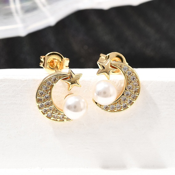 Серьги-гвоздики из латуни с микро-паве и прозрачным кубическим цирконием, с пластиковой имитационной жемчужиной, без кадмия и без свинца