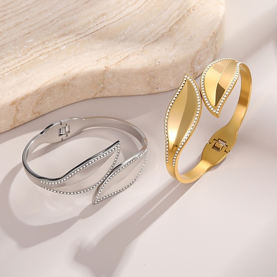 304 Stainless Steel Crystal Rhinestone Leaf Open Hinged Cuff Bangles for Women