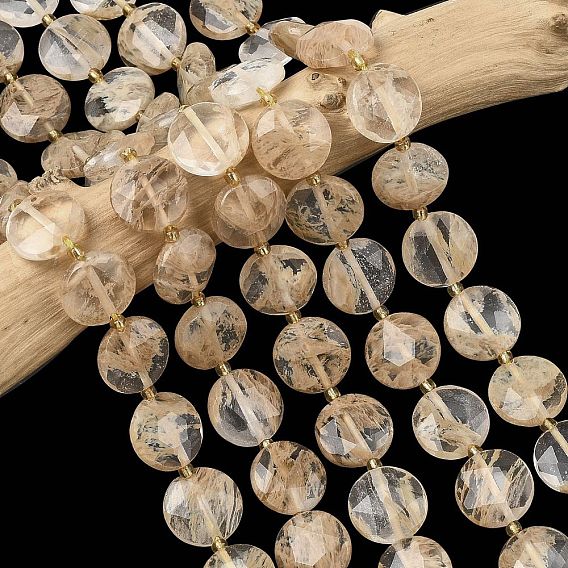 Кофе арбуз камень стеклянные бусы пряди, граненый шестиугольный разрез, плоско-круглые, с бисером