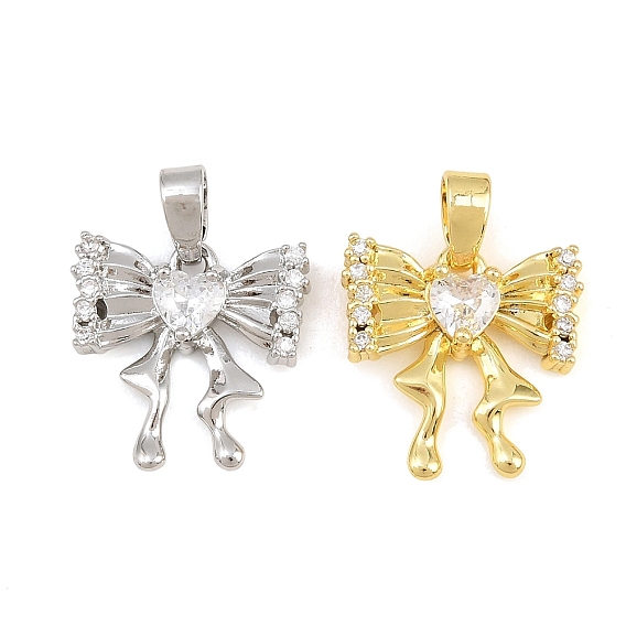 Brass Micro Pave Clear Cubic Zirconia Pendants, Bowknot with Heart Charms