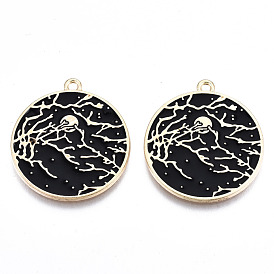 Eco-Friendly Alloy Enamel Pendants, Cadmium Free & Lead Free & Nickel Free, Flat Round with Branch & Moon, Light Gold
