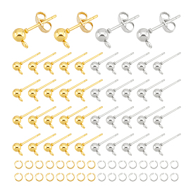 120шт 2 цвета железный шарик гвоздик серьги штифт, , с горизонтальными петлями и ушками из нержавеющей стали (шт. 120) и соединительными кольцами (шт. 304 шт.)