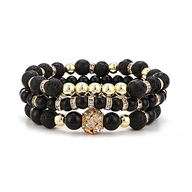3Pcs 3 Style Natural Obsidian & Lava Rock & Brass Beaded Stretch Bracelets Set, Gemstone Stackable Bracelets for Women