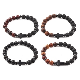 Natural & Synthetic Mixed Gemstone & Wood Cross Beaded Stretch Bracelet
