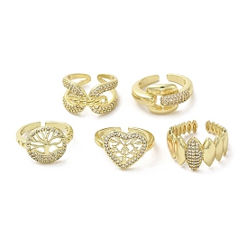 Rack Plating Brass with Clear Cubic Zirconia Cuff Rings, Lead Free & Cadmium Free, Long-Lasting Plated, Real 18K Gold Plated