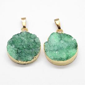 Electroplated Natural & Dyed Druzy Agate Pendants, with Golden Plated Brass Findings, Flat Round