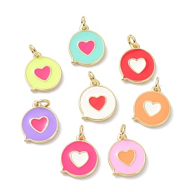Eco-Friendly Brass Enamel Pendants, Cadmium Free & Lead Free with Jump Rings, Long-Lasting Plated, Real 18K Gold Plated, Flat Round with Heart