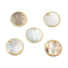 Natural Black Lip Shell Pendants, with Brass Findings, Flat Round Charms