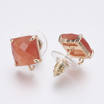 Faceted Glass Stud Earring Findings, with Loop, Light Gold Plated Brass Findings, Square