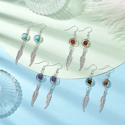 4 paires 4 styles ensemble de boucles d'oreilles pendantes avec pierres précieuses naturelles et synthétiques mélangées, longues boucles d'oreilles pendantes en alliage et laiton