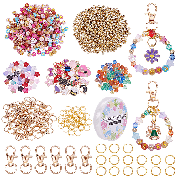 Kits de piezas para hacer llaveros caseros, incluyendo cierres giratorios de pinza de langosta de aleación, hierro anillos del salto abierto, cuentas de plástico ccb, grano de cristal, cuentas de acrílico opacas de estilo artesanal redondo plano, Colgantes de la aleación del esmalte