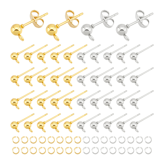 120шт 2 цвета железный шарик гвоздик серьги штифт, , с горизонтальными петлями и ушками из нержавеющей стали (шт. 120) и соединительными кольцами (шт. 304 шт.)