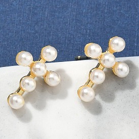 Серьги-гвоздики с крестом из латуни, с ABS имитации жемчуга, без свинца и без кадмия, долговечный