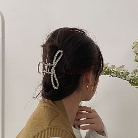 Elegant Pearl and Rhinestone Hair Claw with Bow Wave Geometric Design