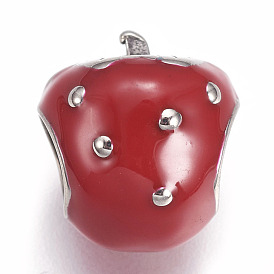 304 Stainless Steel European Beads, with Enamel, Large Hole Beads, Strawberry