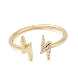 Rack Plating Brass Pave Cubic Zirconia Open Cuff Ring, Long-Lasting Plated, Cadmium Free & Lead Free, Lightning Bolt