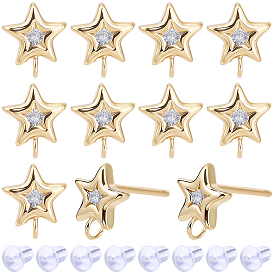 16 Pièces de boucles d'oreilles en laiton micro pavées de zircone cubique transparente, plaqué longue durée, sans nickel, réel 18 k plaqué or, 20 pièces d'écrous d'oreille en plastique, avec boucle