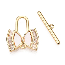 Brass Micro Pave Clear Cubic Zirconia Toggle Clasps, with Shell, Bowknot