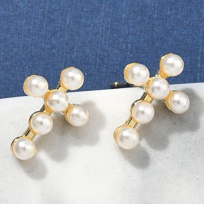 Серьги-гвоздики с крестом из латуни, с ABS имитации жемчуга, без свинца и без кадмия, долговечный