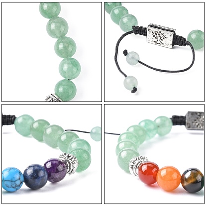 Chakra Jewelry, Natural & Synthetic Mixed Stone Braided Bead Bracelets, with Alloy Findings and Nylon Cord, Rectangle with Tree