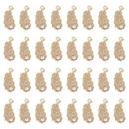 50Pcs Alloy Rhinestone Pendants, Feather Charms