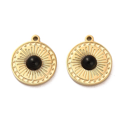 304 Stainless Steel Pave Natural Obsidian Flat Round Charms, Real 14K Gold Plated