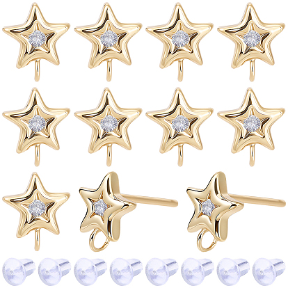 16 Pièces de boucles d'oreilles en laiton micro pavées de zircone cubique transparente, plaqué longue durée, sans nickel, réel 18 k plaqué or, 20 pièces d'écrous d'oreille en plastique, avec boucle