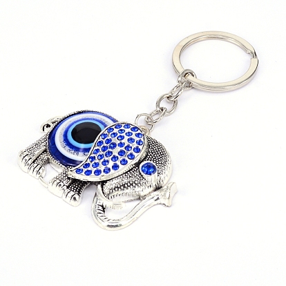 Evil Eye Key Chain, with Iron Split Key Rings and Alloy Rhinestone Pendants, Elephant