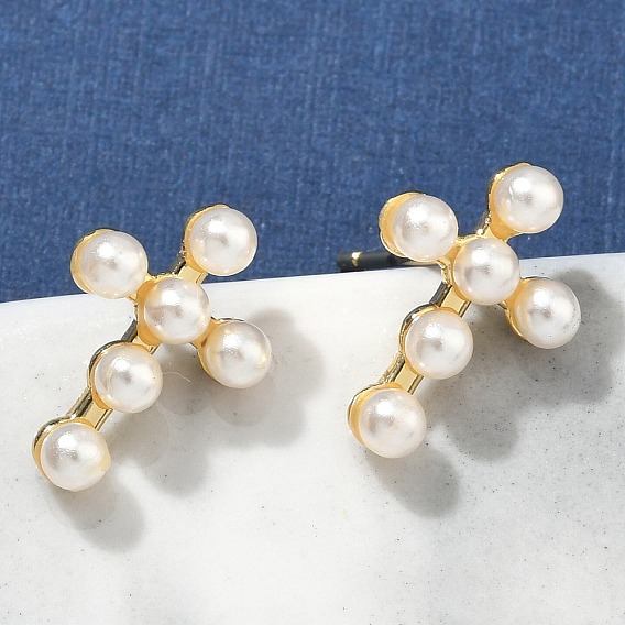 Серьги-гвоздики с крестом из латуни, с ABS имитации жемчуга, без свинца и без кадмия, долговечный