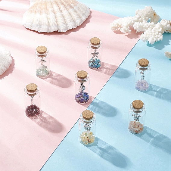 7шт. натуральный лазурит/аметист/сердолик/цитрин/гранат/зеленый авантюрин чип и сплав подвески целебные кристаллы бутылки желаний, Драгоценные камни Викки для балансировки энергии, медитационной терапии