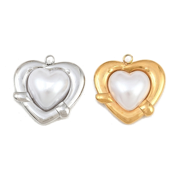 304 Stainless Steel with Plastic Pearl Pendants, Heart Charms