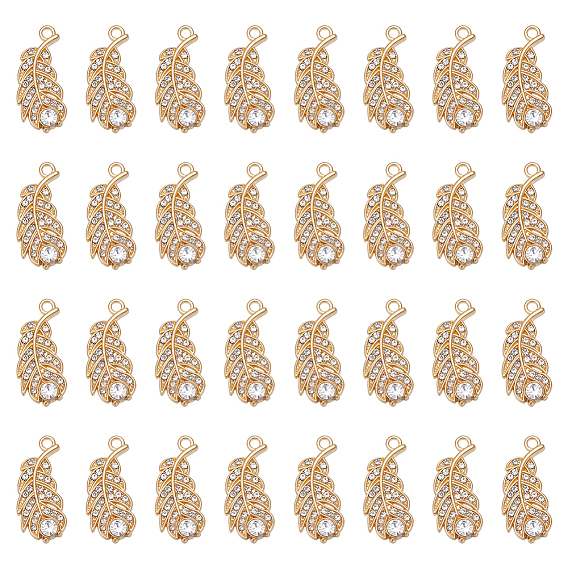 50Pcs Alloy Rhinestone Pendants, Feather Charms
