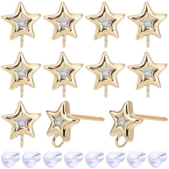 16 Pièces de boucles d'oreilles en laiton micro pavées de zircone cubique transparente, plaqué longue durée, sans nickel, réel 18 k plaqué or, 20 pièces d'écrous d'oreille en plastique, avec boucle