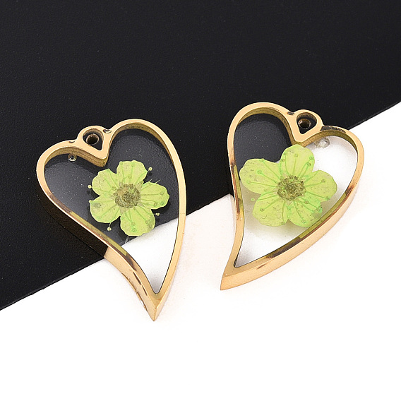 304 подвески из нержавеющей стали с эпоксидной смолой, Сердце с высушенным цветком, ионное покрытие (ip), реальный 18 k позолоченный