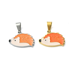 304 Stainless Steel Manual Polishing Pendants, with Enamel and 201 Stainless Steel Clasp, Hedgehog Charm