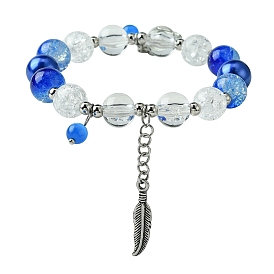 10mm Round Crackle Baking Painted Glass & Transparent  Glass Beaded Stretch Bracelets, Leaf Alloy Bracelets for Women