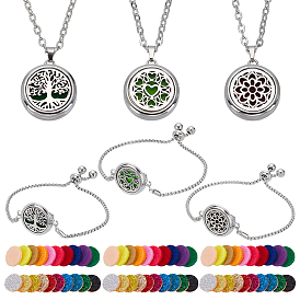 3 шт. 3 стили плоские круглые диффузоры из нержавеющей стали с подвесками для эфирных масел, комплект из ожерелий и браслетов, с плоскими круглыми парфюмерными подушечками
