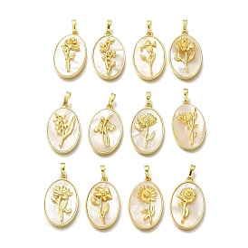 Brass Pave Shell Birth Flower Pendants, Oval Charms, Real 18K Gold Plated