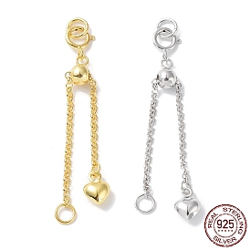 925 Sterling Silver Ends with Chains, with Spring Clasps, Slide Bead, Jump Ring and Heart Charms