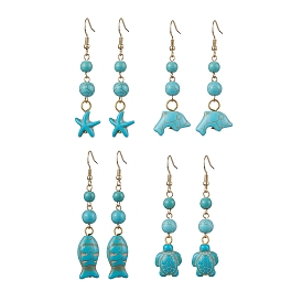 Ocean Series Synthetic Turquoise Dangle Earrings, 304 Stainless Steel Jewelry for Women, Starfish Dolphin Fish Turtle