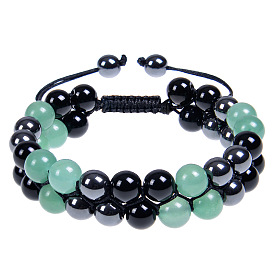 Adjustable Double-layer Braided Black Magnetic Couple Bracelet with Green Eastern Tomb Jade Beads