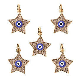 5Pcs Brass Micro Pave Cubic Zirconia Pendants, with Enamel, Long-lasting Plated, Star with Evil Eye